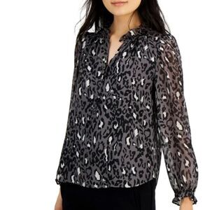 BAR III Womens Gray Ruffled Tie Cinched Sleeves Animal Print Blouse Size 3X